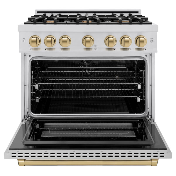 ZLINE Autograph Edition 36 in. 5.2 cu. ft. Select Dual Fuel Range with 6 Burner Gas Cooktop and Electric Convection Oven in Stainless Steel with Champagne Bronze Accents, Open Box-Great Condition
