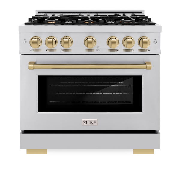 ZLINE Autograph Edition 36 in. 5.2 cu. ft. Select Dual Fuel Range with 6 Burner Gas Cooktop and Electric Convection Oven in Stainless Steel with Champagne Bronze Accents, Open Box-Great Condition