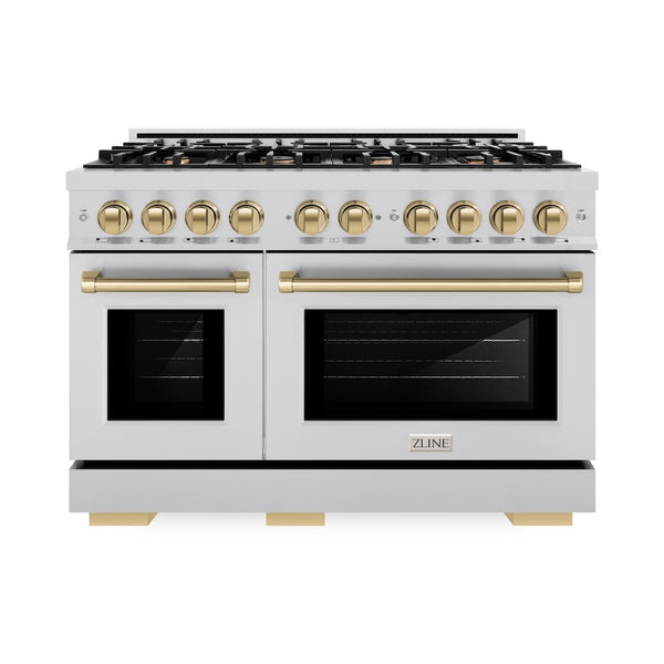 ZLINE Autograph Edition 48 in. 6.7 cu. ft. Select Double Oven Dual Fuel Range with 8 Burner Gas Cooktop in Stainless Steel and Champagne Bronze Accents, Open Box-Great Condition
