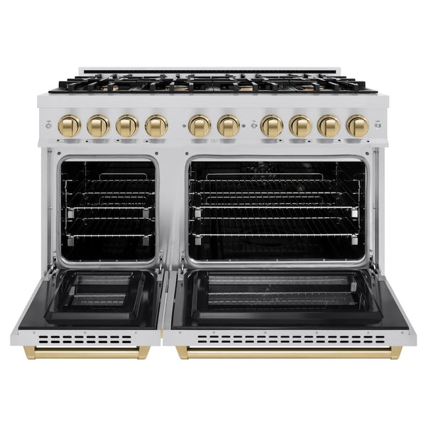 ZLINE Autograph Edition 48 in. 6.7 cu. ft. Select Double Oven Dual Fuel Range with 8 Burner Gas Cooktop in Stainless Steel and Champagne Bronze Accents, Open Box-Great Condition