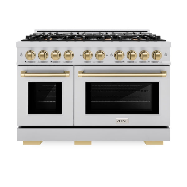 ZLINE Autograph Edition 48 in. 6.7 cu. ft. Select Double Oven Dual Fuel Range with 8 Burner Gas Cooktop in Stainless Steel and Champagne Bronze Accents, Open Box-Great Condition