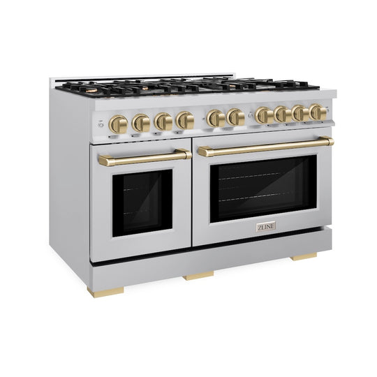 ZLINE Autograph Edition 48 in. 6.7 cu. ft. Select Double Oven Dual Fuel Range with 8 Burner Gas Cooktop in Stainless Steel and Champagne Bronze Accents, Open Box-Great Condition