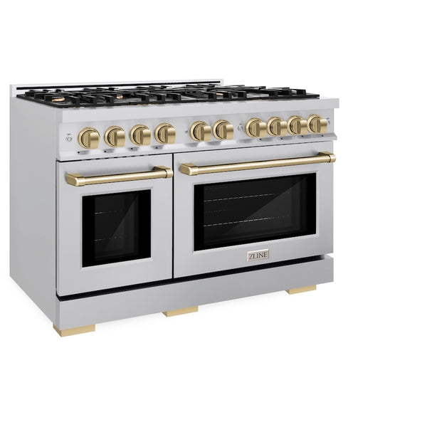 ZLINE Autograph Edition 48 in. 6.7 cu. ft. Select Double Oven Dual Fuel Range with 8 Burner Gas Cooktop in Stainless Steel and Champagne Bronze Accents, Open Box-Great Condition