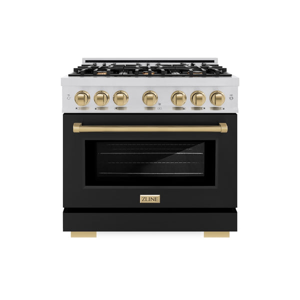 ZLINE Autograph Edition 36 in. 5.2 cu. ft. Select Dual Fuel Range with 6 Burner Gas Cooktop and Electric Convection Oven in Stainless Steel with Black Matte Door and Champagne Bronze Accents, Open Box-Great Condition