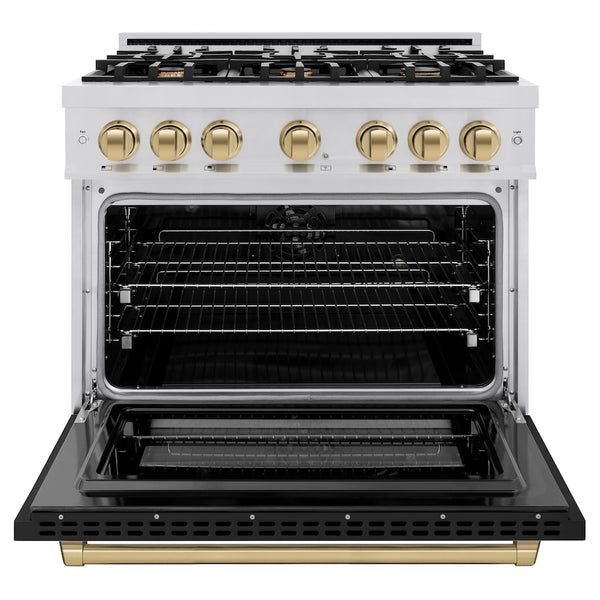 ZLINE Autograph Edition 36 in. 5.2 cu. ft. Select Dual Fuel Range with 6 Burner Gas Cooktop and Electric Convection Oven in Stainless Steel with Black Matte Door and Champagne Bronze Accents, Open Box-Great Condition
