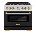 ZLINE Autograph Edition 36 in. 5.2 cu. ft. Select Dual Fuel Range with 6 Burner Gas Cooktop and Electric Convection Oven in Stainless Steel with Black Matte Door and Champagne Bronze Accents, Open Box-Great Condition
