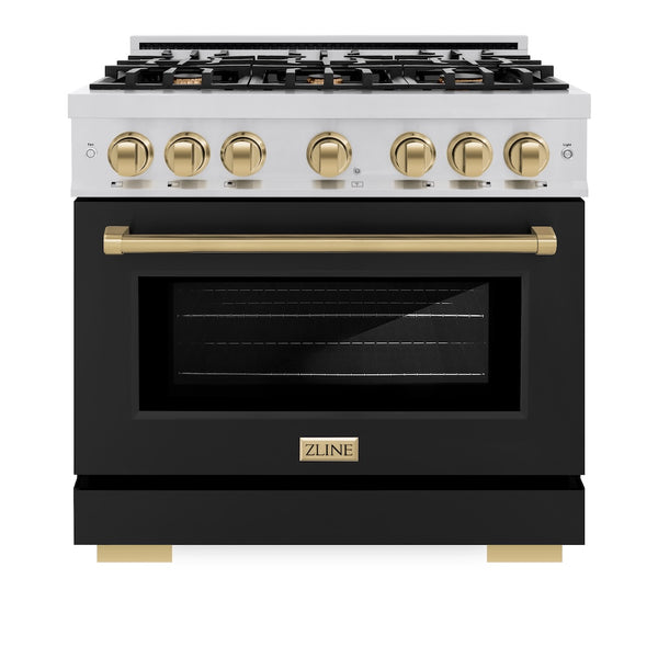 ZLINE Autograph Edition 36 in. 5.2 cu. ft. Select Dual Fuel Range with 6 Burner Gas Cooktop and Electric Convection Oven in Stainless Steel with Black Matte Door and Champagne Bronze Accents, Open Box-Great Condition