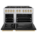 ZLINE Autograph Edition 48 in. 6.7 cu. ft. Select Double Oven Dual Fuel Range with 8 Burner Gas Cooktop in Stainless Steel with Black Matte Doors and Champagne Bronze Accents, Open Box-Great Condition