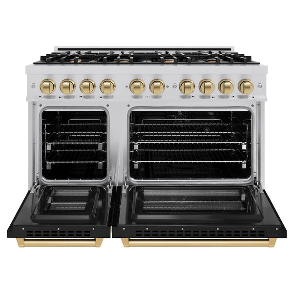 ZLINE Autograph Edition 48 in. 6.7 cu. ft. Select Double Oven Dual Fuel Range with 8 Burner Gas Cooktop in Stainless Steel with Black Matte Doors and Champagne Bronze Accents, Open Box-Great Condition