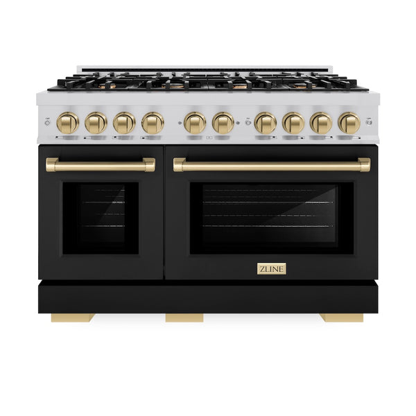 ZLINE Autograph Edition 48 in. 6.7 cu. ft. Select Double Oven Dual Fuel Range with 8 Burner Gas Cooktop in Stainless Steel with Black Matte Doors and Champagne Bronze Accents, Open Box-Great Condition