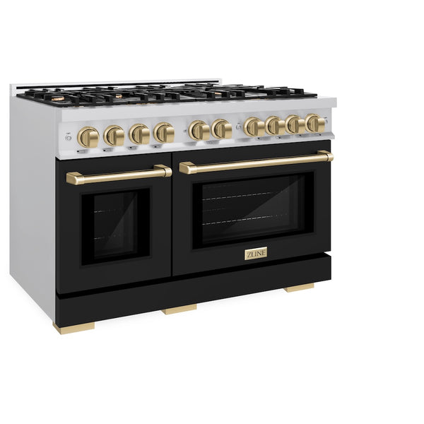 ZLINE Autograph Edition 48 in. 6.7 cu. ft. Select Double Oven Dual Fuel Range with 8 Burner Gas Cooktop in Stainless Steel with Black Matte Doors and Champagne Bronze Accents, Open Box-Great Condition