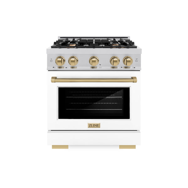 ZLINE Autograph Edition 30 in. 4.2 cu. ft. Select Dual Fuel Range with 4 Burner Gas Cooktop and Electric Convection Oven in Stainless Steel with White Matte Door and Champagne Bronze Accents, Open Box-Great Condition