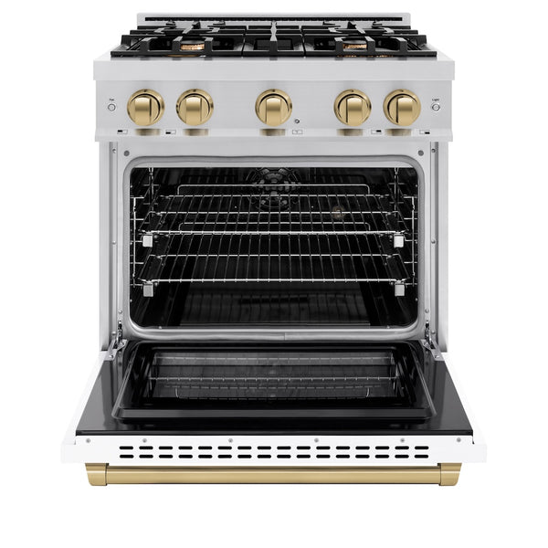 ZLINE Autograph Edition 30 in. 4.2 cu. ft. Select Dual Fuel Range with 4 Burner Gas Cooktop and Electric Convection Oven in Stainless Steel with White Matte Door and Champagne Bronze Accents, Open Box-Great Condition