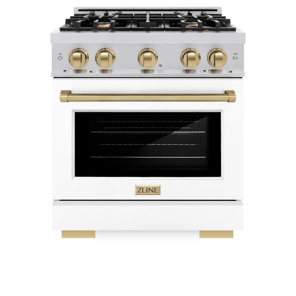 ZLINE Autograph Edition 30 in. 4.2 cu. ft. Select Dual Fuel Range with 4 Burner Gas Cooktop and Electric Convection Oven in Stainless Steel with White Matte Door and Champagne Bronze Accents, Open Box-Great Condition