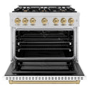 ZLINE Autograph Edition 36 in. 5.2 cu. ft. Select Dual Fuel Range with 6 Burner Gas Cooktop and Electric Convection Oven in Stainless Steel with White Matte Door and Champagne Bronze Accents, Open Box-Great Condition