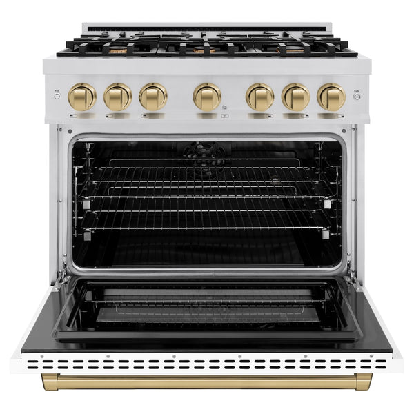 ZLINE Autograph Edition 36 in. 5.2 cu. ft. Select Dual Fuel Range with 6 Burner Gas Cooktop and Electric Convection Oven in Stainless Steel with White Matte Door and Champagne Bronze Accents, Open Box-Great Condition