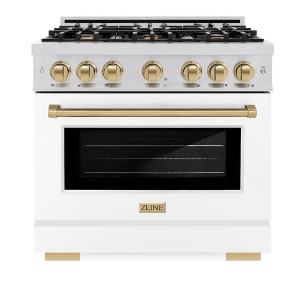 ZLINE Autograph Edition 36 in. 5.2 cu. ft. Select Dual Fuel Range with 6 Burner Gas Cooktop and Electric Convection Oven in Stainless Steel with White Matte Door and Champagne Bronze Accents, Open Box-Great Condition