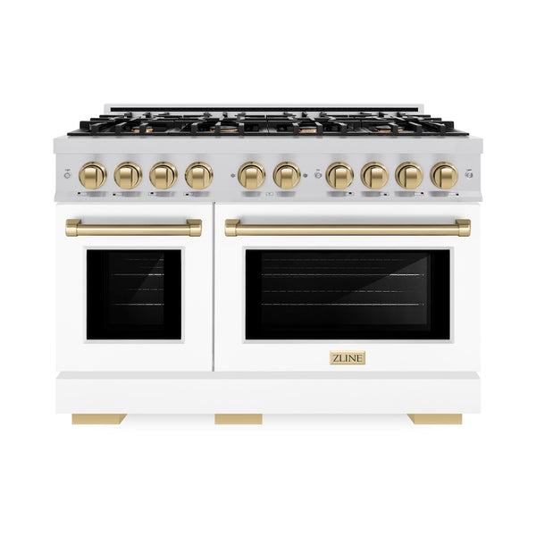 ZLINE Autograph Edition 48 in. 6.7 cu. ft. Select Double Oven Dual Fuel Range with 8 Burner Gas Cooktop in Stainless Steel with White Matte Doors and Champagne Bronze Accents, Open Box-Great Condition