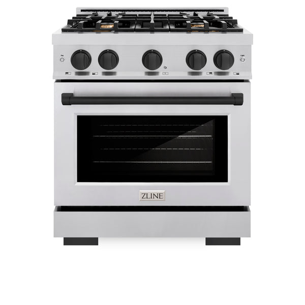 ZLINE Autograph Edition 30 in. 4.2 cu. ft. Select Dual Fuel Range with 4 Burner Gas Cooktop and Electric Convection Oven in Stainless Steel with Matte Black Accents (HDRZ-30-MB)