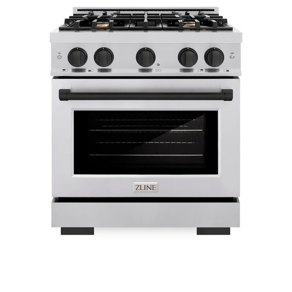 ZLINE Autograph Edition 30 in. 4.2 cu. ft. Select Dual Fuel Range with 4 Burner Gas Cooktop and Electric Convection Oven in Stainless Steel with Matte Black Accents, Open Box-Great Condition