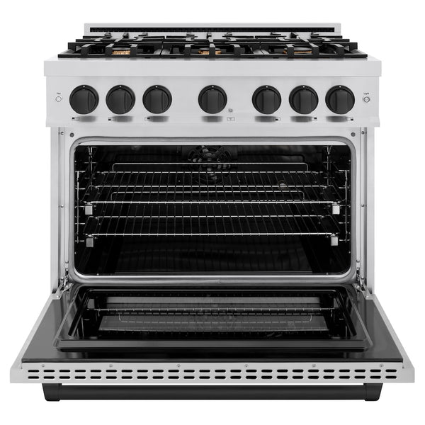 ZLINE Autograph Edition 36 in. 5.2 cu. ft. Select Dual Fuel Range with 6 Burner Gas Cooktop and Electric Convection Oven in Stainless Steel with Matte Black Accents, Open Box-Great Condition