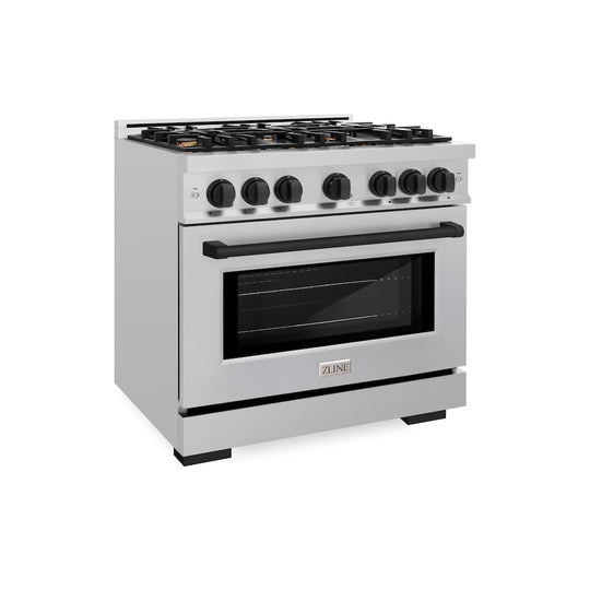 ZLINE Autograph Edition 36 in. 5.2 cu. ft. Select Dual Fuel Range with 6 Burner Gas Cooktop and Electric Convection Oven in Stainless Steel with Matte Black Accents, Open Box-Great Condition