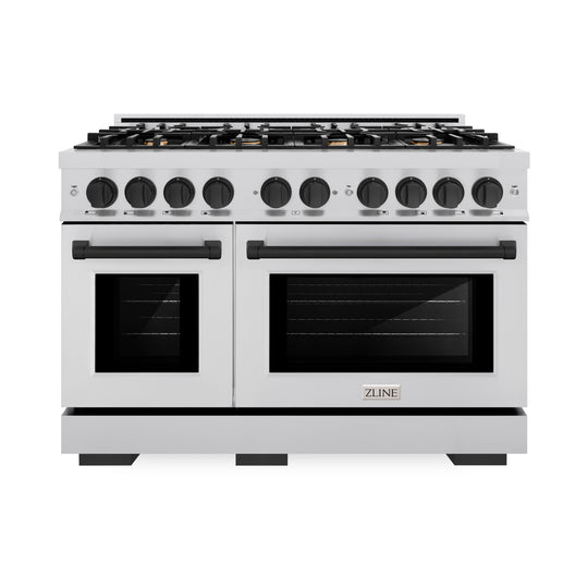 ZLINE Autograph Edition 48 in. 6.7 cu. ft. Select Double Oven Dual Fuel Range with 8 Burner Gas Cooktop in Stainless Steel and Matte Black Accents (HDRZ-48-MB)