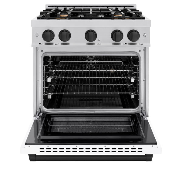 ZLINE Autograph Edition 30 in. 4.2 cu. ft. Select Dual Fuel Range with 4 Burner Gas Cooktop and Electric Convection Oven in Stainless Steel with White Matte Door and Matte Black Accents, Open Box-Great Condition