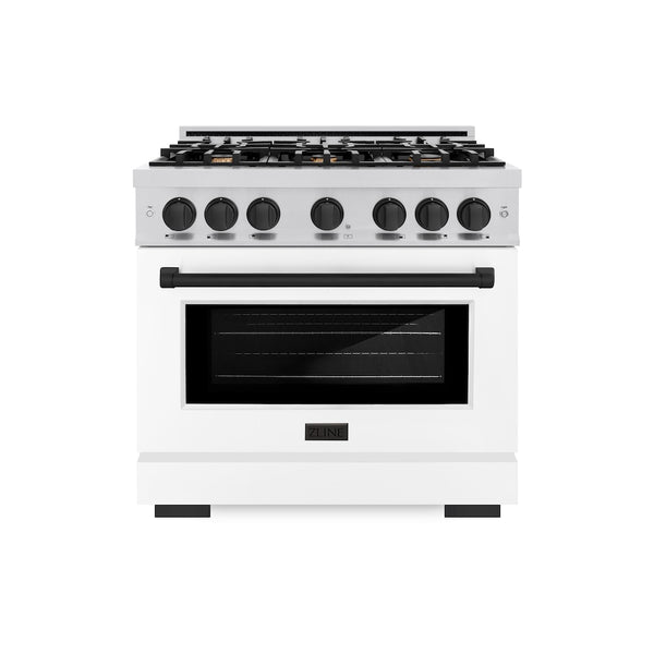 ZLINE Autograph Edition 36 in. 5.2 cu. ft. Select Dual Fuel Range with 6 Burner Gas Cooktop and Electric Convection Oven in Stainless Steel with White Matte Door and Matte Black Accents, Open Box-Great Condition