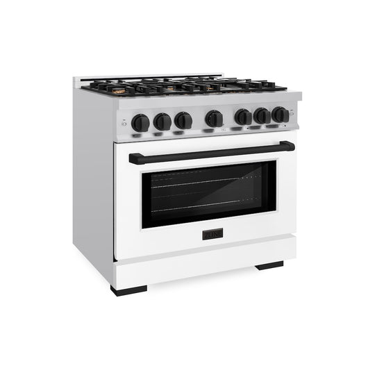 ZLINE Autograph Edition 36 in. 5.2 cu. ft. Select Dual Fuel Range with 6 Burner Gas Cooktop and Electric Convection Oven in Stainless Steel with White Matte Door and Matte Black Accents, Open Box-Great Condition