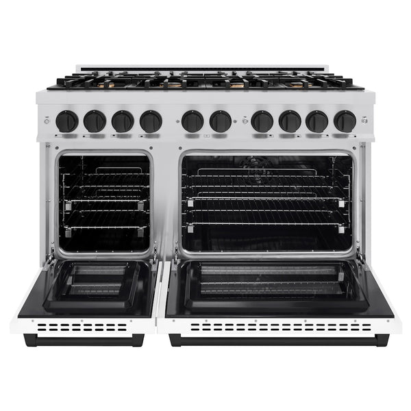 ZLINE Autograph Edition 48 in. 6.7 cu. ft. Select Double Oven Dual Fuel Range with 8 Burner Gas Cooktop in Stainless Steel with White Matte Door and Matte Black Accents, Open Box-Great Condition