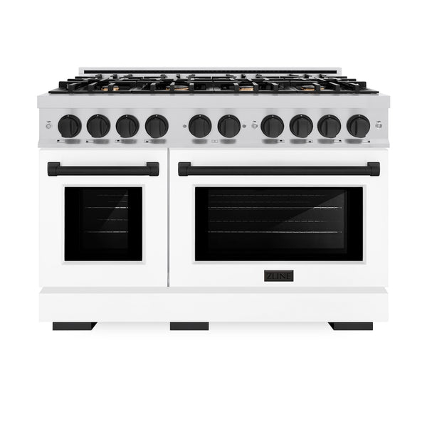 ZLINE Autograph Edition 48 in. 6.7 cu. ft. Select Double Oven Dual Fuel Range with 8 Burner Gas Cooktop in Stainless Steel with White Matte Door and Matte Black Accents, Open Box-Great Condition