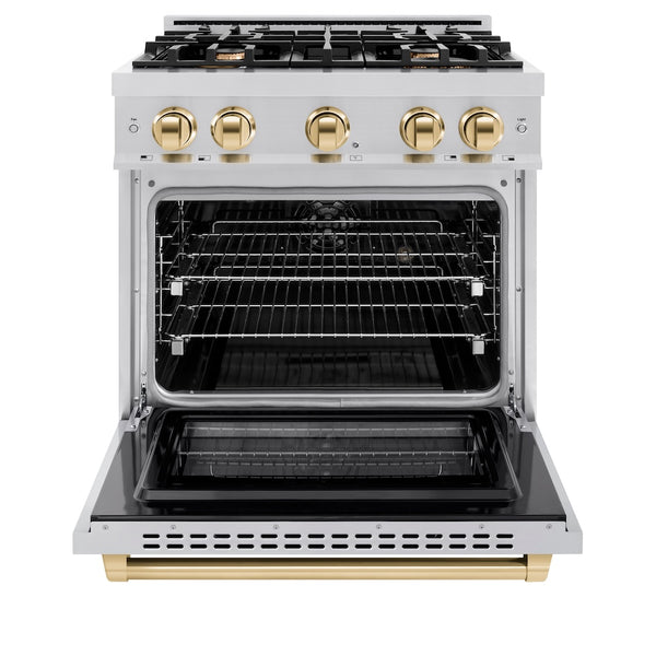 ZLINE Autograph Edition 30 in. 4.2 cu. ft. Select Dual Fuel Range with 4 Burner Gas Cooktop and Electric Convection Oven in Stainless Steel with Polished Gold Accents, Open Box-Great Condition