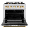 ZLINE Autograph Edition 36 in. 5.2 cu. ft. Select Dual Fuel Range with 6 Burner Gas Cooktop and Electric Convection Oven in Stainless Steel with Polished Gold Accents, Open Box-Great Condition