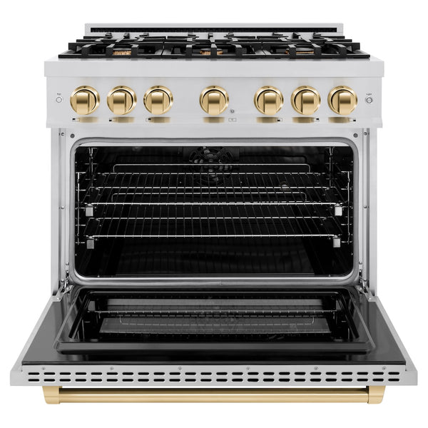 ZLINE Autograph Edition 36 in. 5.2 cu. ft. Select Dual Fuel Range with 6 Burner Gas Cooktop and Electric Convection Oven in Stainless Steel with Polished Gold Accents, Open Box-Great Condition