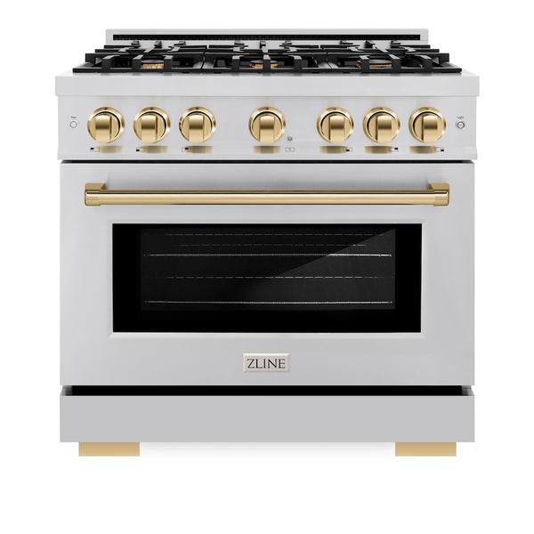 ZLINE Autograph Edition 36 in. 5.2 cu. ft. Select Dual Fuel Range with 6 Burner Gas Cooktop and Electric Convection Oven in Stainless Steel with Polished Gold Accents, Open Box-Great Condition