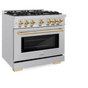 ZLINE Autograph Edition 36 in. 5.2 cu. ft. Select Dual Fuel Range with 6 Burner Gas Cooktop and Electric Convection Oven in Stainless Steel with Polished Gold Accents, Open Box-Great Condition
