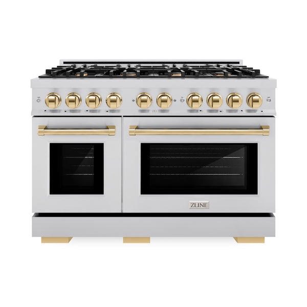 ZLINE Autograph Edition 48 in. 6.7 cu. ft. Select Double Oven Dual Fuel Range with 8 Burner Gas Cooktop in Stainless Steel and Polished Gold Accents, Open Box-Great Condition