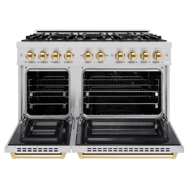 ZLINE Autograph Edition 48 in. 6.7 cu. ft. Select Double Oven Dual Fuel Range with 8 Burner Gas Cooktop in Stainless Steel and Polished Gold Accents, Open Box-Great Condition