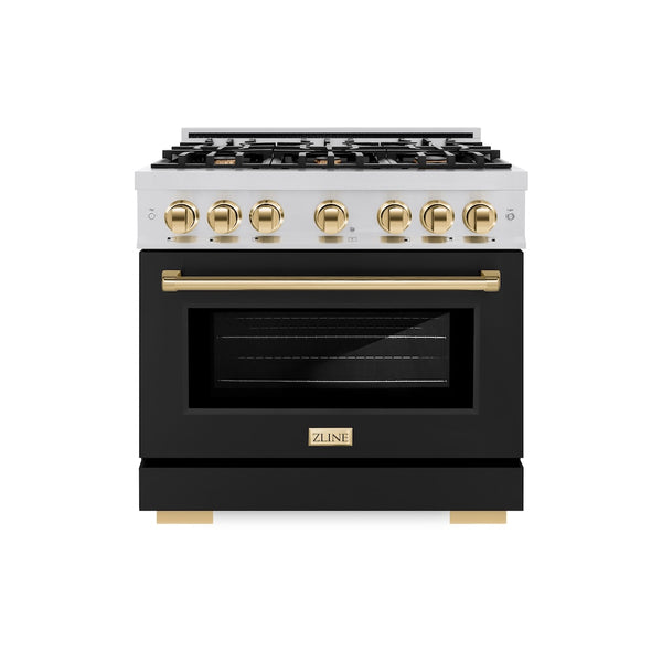 ZLINE Autograph Edition 36 in. 5.2 cu. ft. Select Dual Fuel Range with 6 Burner Gas Cooktop and Electric Convection Oven in Stainless Steel with Black Matte Door and Polished Gold Accents, Open Box-Great Condition