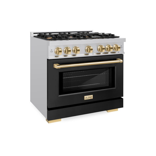 ZLINE Autograph Edition 36 in. 5.2 cu. ft. Select Dual Fuel Range with 6 Burner Gas Cooktop and Electric Convection Oven in Stainless Steel with Black Matte Door and Polished Gold Accents (HDRZ-BLM-36-G)