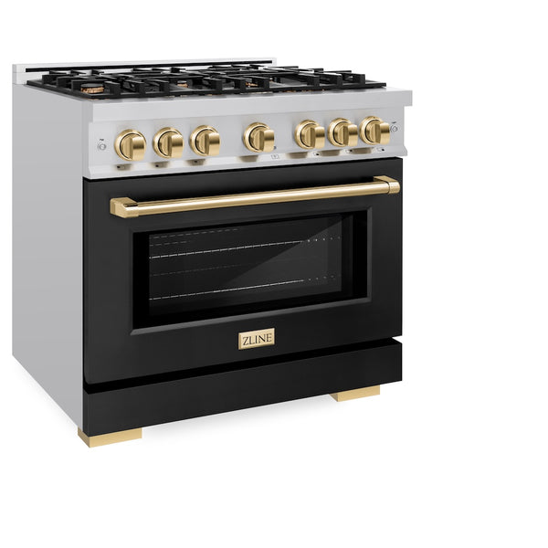 ZLINE Autograph Edition 36 in. 5.2 cu. ft. Select Dual Fuel Range with 6 Burner Gas Cooktop and Electric Convection Oven in Stainless Steel with Black Matte Door and Polished Gold Accents, Open Box-Great Condition