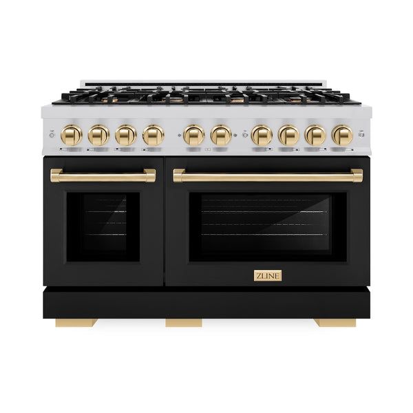 ZLINE Autograph Edition 48 in. 6.7 cu. ft. Select Double Oven Dual Fuel Range with 8 Burner Gas Cooktop in Stainless Steel with Black Matte Doors and Polished Gold Accents, Open Box-Great Condition