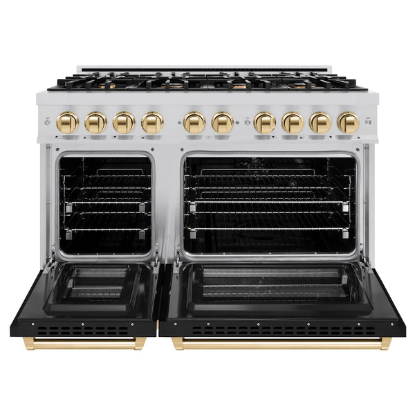 ZLINE Autograph Edition 48 in. 6.7 cu. ft. Select Double Oven Dual Fuel Range with 8 Burner Gas Cooktop in Stainless Steel with Black Matte Doors and Polished Gold Accents, Open Box-Great Condition
