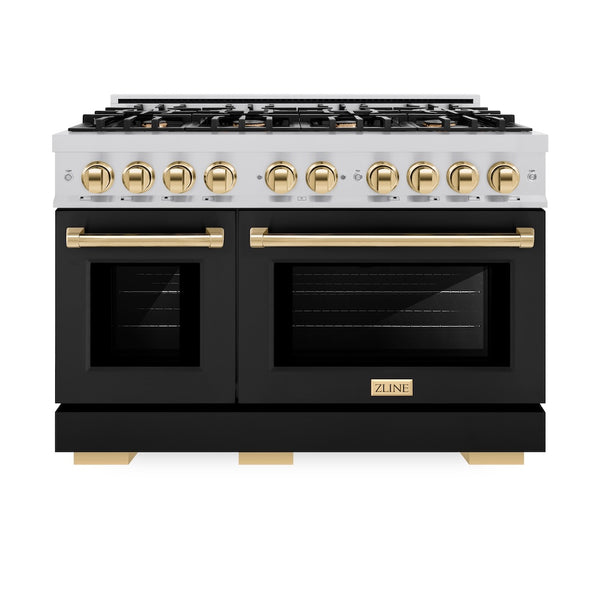 ZLINE Autograph Edition 48 in. 6.7 cu. ft. Select Double Oven Dual Fuel Range with 8 Burner Gas Cooktop in Stainless Steel with Black Matte Doors and Polished Gold Accents, Open Box-Great Condition