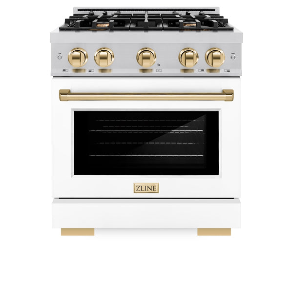 ZLINE Autograph Edition 30 in. 4.2 cu. ft. Select Dual Fuel Range with 4 Burner Gas Cooktop and Electric Convection Oven in Stainless Steel with White Matte Door and Polished Gold Accents, Open Box-Great Condition