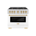ZLINE Autograph Edition 36 in. 5.2 cu. ft. Select Dual Fuel Range with 6 Burner Gas Cooktop and Electric Convection Oven in Stainless Steel with White Matte Door and Polished Gold Accents, Open Box-Great Condition