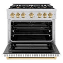 ZLINE Autograph Edition 36 in. 5.2 cu. ft. Select Dual Fuel Range with 6 Burner Gas Cooktop and Electric Convection Oven in Stainless Steel with White Matte Door and Polished Gold Accents, Open Box-Great Condition