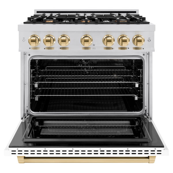 ZLINE Autograph Edition 36 in. 5.2 cu. ft. Select Dual Fuel Range with 6 Burner Gas Cooktop and Electric Convection Oven in Stainless Steel with White Matte Door and Polished Gold Accents, Open Box-Great Condition