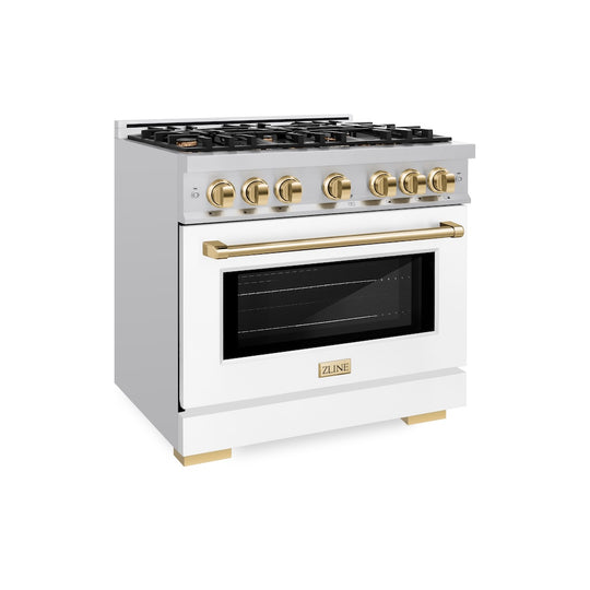 ZLINE Autograph Edition 36 in. 5.2 cu. ft. Select Dual Fuel Range with 6 Burner Gas Cooktop and Electric Convection Oven in Stainless Steel with White Matte Door and Polished Gold Accents, Open Box-Great Condition